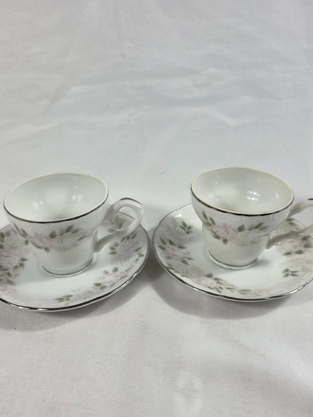 TWO Sheffield 501 Classic Demitasse Cup & Saucer Sets Pink Roses on the Rim